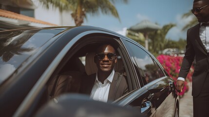 Naklejka premium Smiling man in sunglasses sits in luxury car, door held by another man