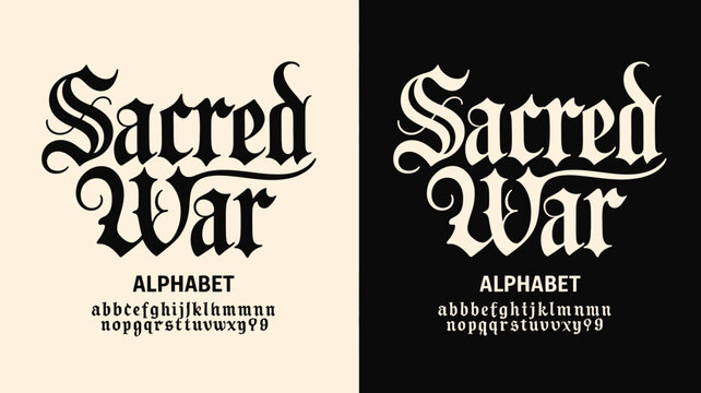 Sacred war typography a bold and ornate alphabet design with unique lettering