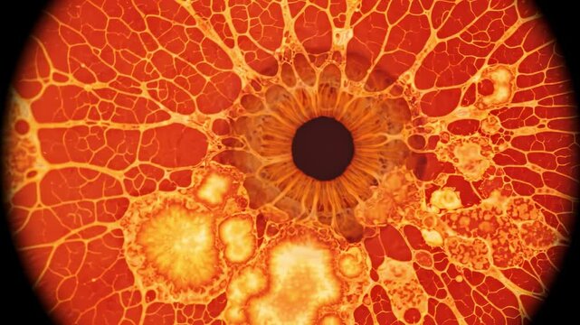 Fundus-style video view of a retina with autoimmune uveitis, visible choroidal inflammation and vascular changes, orange-red tones, circular frame, subtle motion and focus shifts