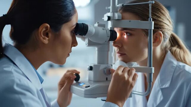 A video of an ophthalmological examination of a patient's eyes using a slit lamp in a modern clinic