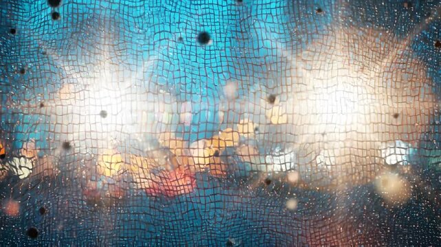 First-person cinematic view of someone living with autoimmune uveitis, vision heavily blurred and warped, city lights diffused into soft glowing halos, subtle distortion and light sensitivity