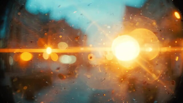 First-person cinematic view of someone living with autoimmune uveitis, vision heavily blurred and warped, city lights diffused into soft glowing halos, subtle distortion and light sensitivity