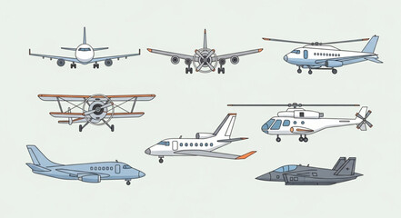 Collection of various aircraft types and helicopters. © Deni