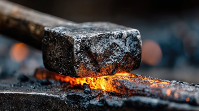 Heavy iron hammer strikes glowing hot metal bar on dark anvil creating sparks and intense heat during traditional manual blacksmithing craftsmanship process