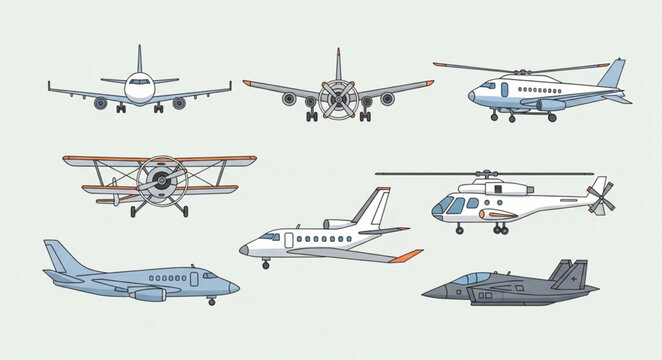 Collection of various aircraft types and helicopters.