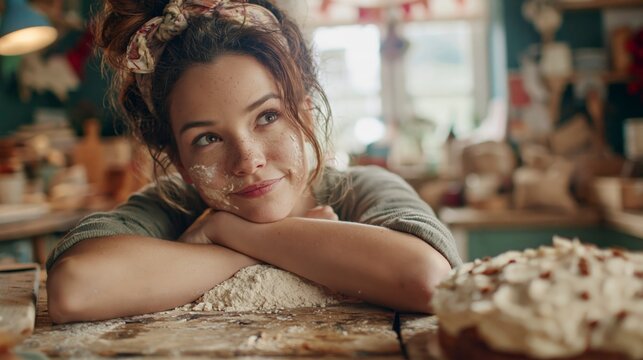 Woman with flour on face looking at cake