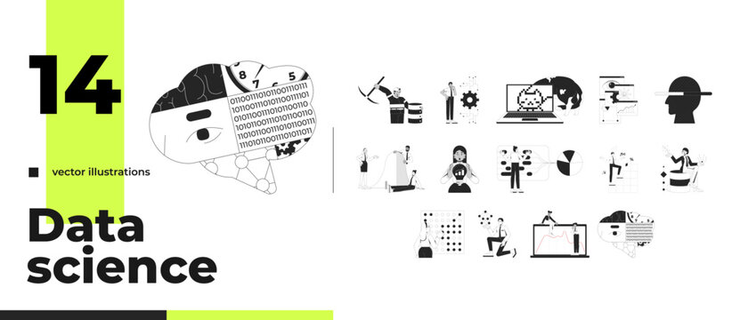 Artificial intelligence and data science outline illustrations bundle. Machine learning. Math algorithm. Coding analytics 2D linear images isolated. Collection black and white vector drawings