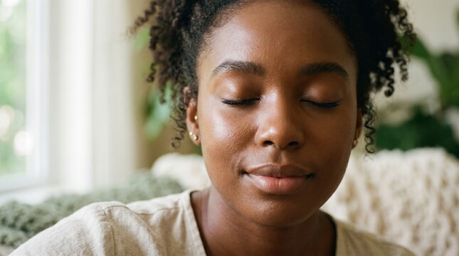 Close-up of a young black woman with eyes closed and skin glistening with sweat, possibly after exercise or in a warm