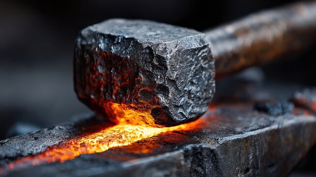 Heavy blacksmith hammer strikes glowing hot metal bar on anvil during traditional industrial forging process in a dark workshop with intense orange sparks