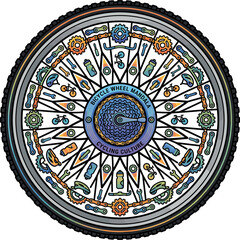 Obraz premium Intricate bicycle wheel mandala with cycling culture icons, gear details, and vibrant colors, perfect for sports themes