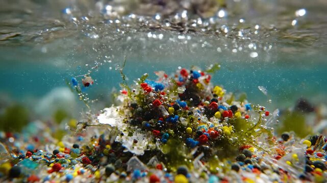 Underwater scene showing colorful microplastic pollution on the seabed, concept of ocean contamination and environmental damage