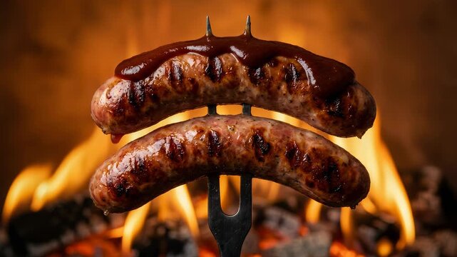 Single juicy sausage grill skewered on fork in upright position with sauce topping, orange background, fiery flames, 4K video
