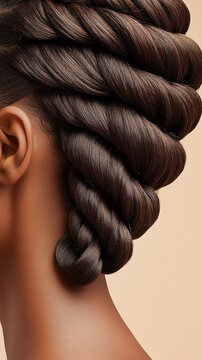 Dark textured hair styled in a sophisticated braided bun against a smooth neutral background, highlighting intricate twists.