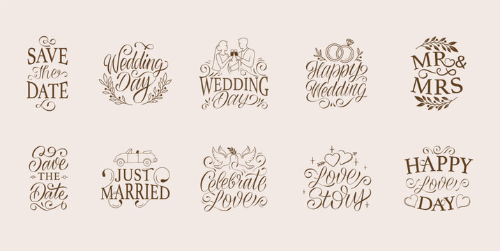 Hand-drawn wedding lettering quotes set, vintage romantic phrases. Save the date, Just married