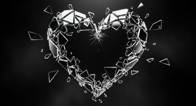 A fragmented heart made of shining crystal, exploding in a dark space, showing heartbreak