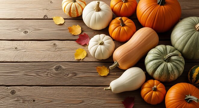 Autumn harvest a variety of pumpkins and gourds on rustic wooden planks