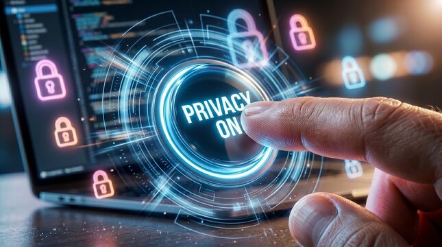 Privacy ON: The image captures a finger pressing an illuminated Privacy ON button on a laptop screen, symbolizing data security and personal information protection.