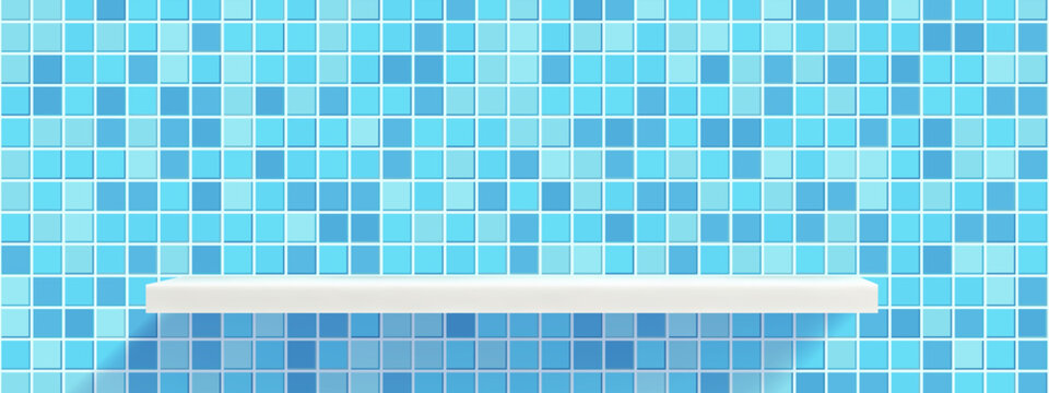 Kitchen background blue with tile bathroom wall for platform shelf product. Podium shelves presentation with square swimming scene for pedestal studio isolated. Pool mosaic blue with bathroom.