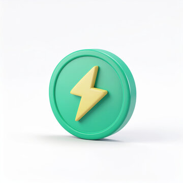 Green energy coin lightning symbol icon electricity power charge battery clean dimensional cartoon token on white background, soft pastel tone, minimal design for renewable and sustainable finance