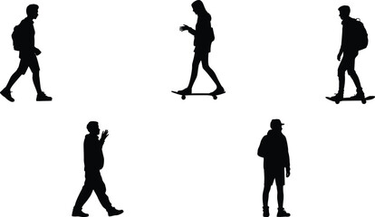 Dynamic silhouettes of skateboarders and pedestrians with backpacks showing urban lifestyle movement and casual street culture design © anisur-creatives