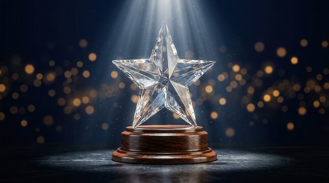 Glass star award trophy on a wooden base illuminated by a spotlight.