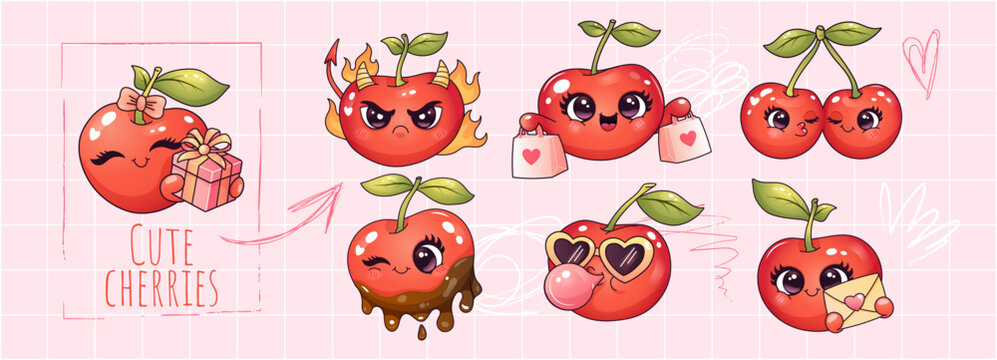 Cute cherry mascot kawaii fruit character set with emotions love shopping gift