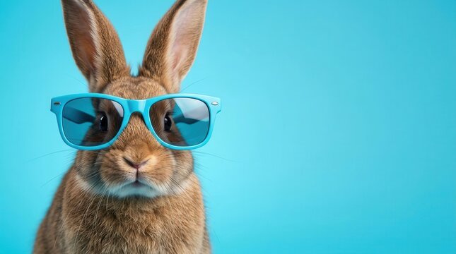 Cute funny bunny wearing blue sunglasses on a bright color background.