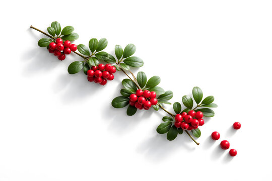 Bearberry Branch with Red Berries in Zigzag Arrangement on White Background