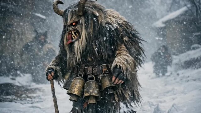 Frightening Krampus figure in snow, traditional European folklore character for winter holidays