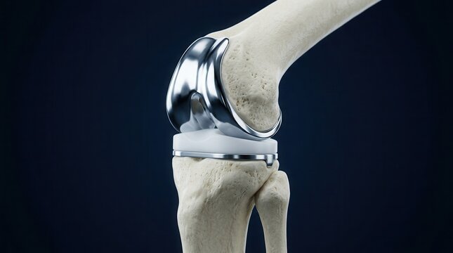 Detailed 3D illustration of a human knee joint with a prosthetic replacement.