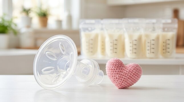 Breast pump and breastmilk storage bags with a pink crochet heart representing motherhood and care.