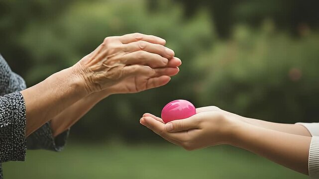 Hands of different generations passing a pink ball in nature.