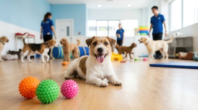 A happy dog plays with colorful balls in a supervised daycare center.