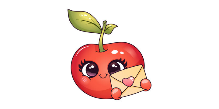 Cherry mascot character cute kawaii fruit holding love letter envelope