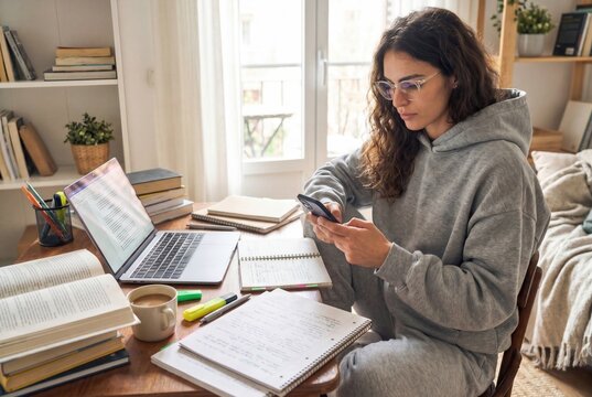 Young woman student sending message on phone while studying remotely in home office