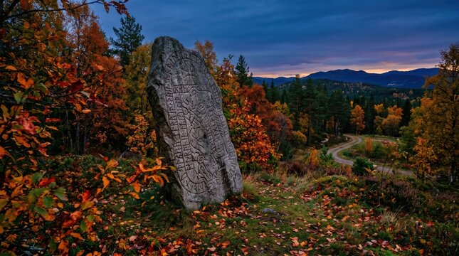 Runestone standing amid autumn forest on hillside at dusk