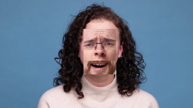 Female portrait with surreal mixed male facial features collage in stop motion animation. Concept of identity transformation gender fluidity face manipulation and digital creativity.