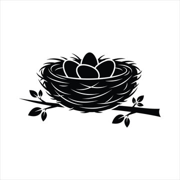 Bird nest with eggs on a branch during spring Vector Illustration Isolated on white background
