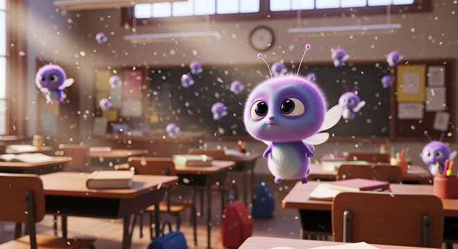 Cute fuzzy purple cooties flying in an empty sunlit classroom