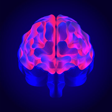 Abstract Neon Brain Waves Digital Illustration, colorful flowing lines forming a human brain shape, representing neural activity, creativity, and modern digital science on a dark background