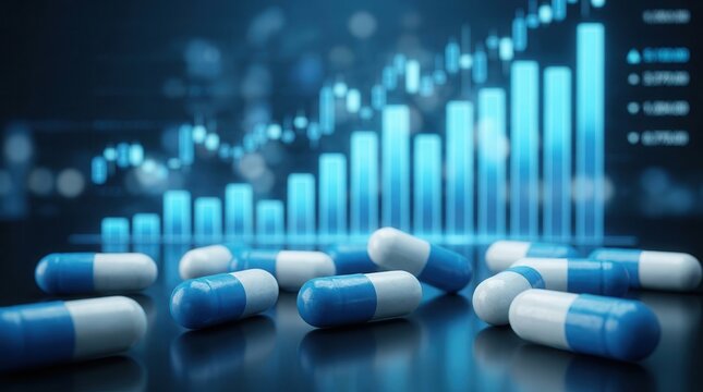 Blue and white capsules in the foreground with a blurred blue bar graph representing pharma growth.