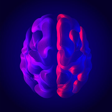 Abstract Neon Brain Waves Digital Illustration, colorful flowing lines forming a human brain shape, representing neural activity, creativity, and modern digital science on a dark background