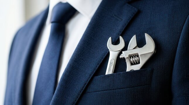 Small metallic wrench and adjustable spanner tools in a business suit pocket.