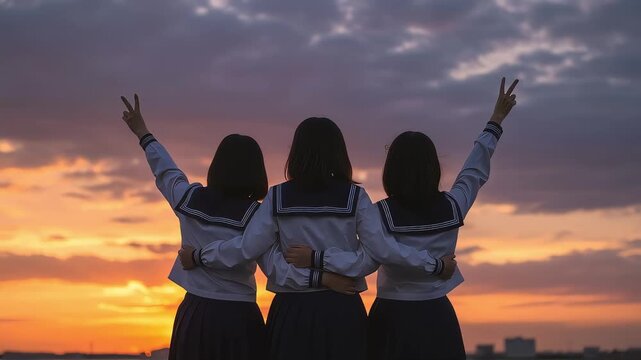 夕日に向かってピースサインを掲げ、肩を組む制服姿の女子3人