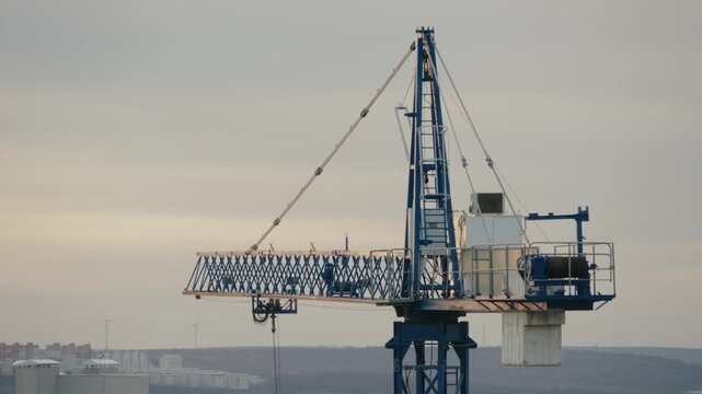 Heavy industrial tower crane rotating its jib on a construction site with the city skyline in the background. A flock of birds is flying away from the moving equipment on a cloudy winter day