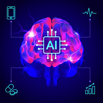 Futuristic glowing digital brain with AI chip, representing artificial intelligence, neural networks, data processing, and futuristic healthcare technology connections