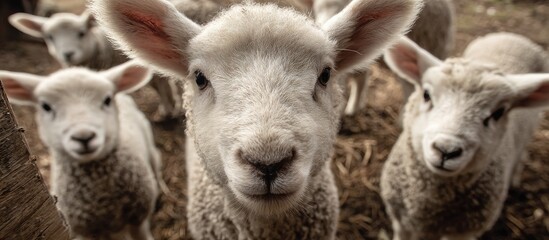 Obraz premium Cute White Lambs Close Up on Farm with Brown Soil and Natural Lighting