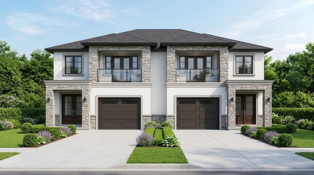 Modern duplex house featuring two side by side garages and white walls with stone accents.