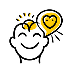 Fototapeta premium Happy smiling person thinking about love, with yellow heart bubble and sparks.