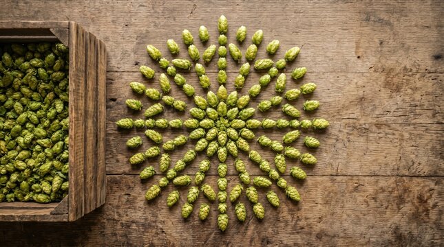 Top view hop cones arranged in radial starburst on wood surface